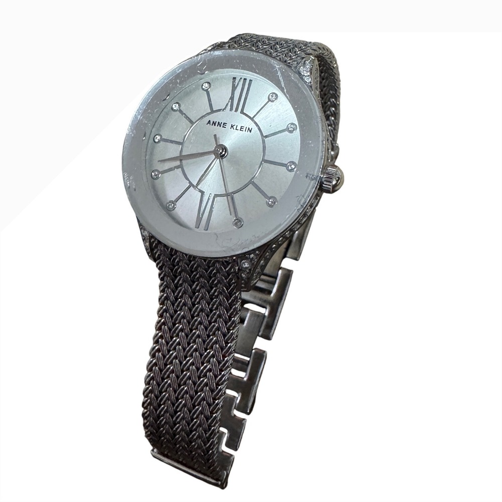 Anne Klein Silver Tone Mesh Band Watch Crystal Markers Roman Numeral